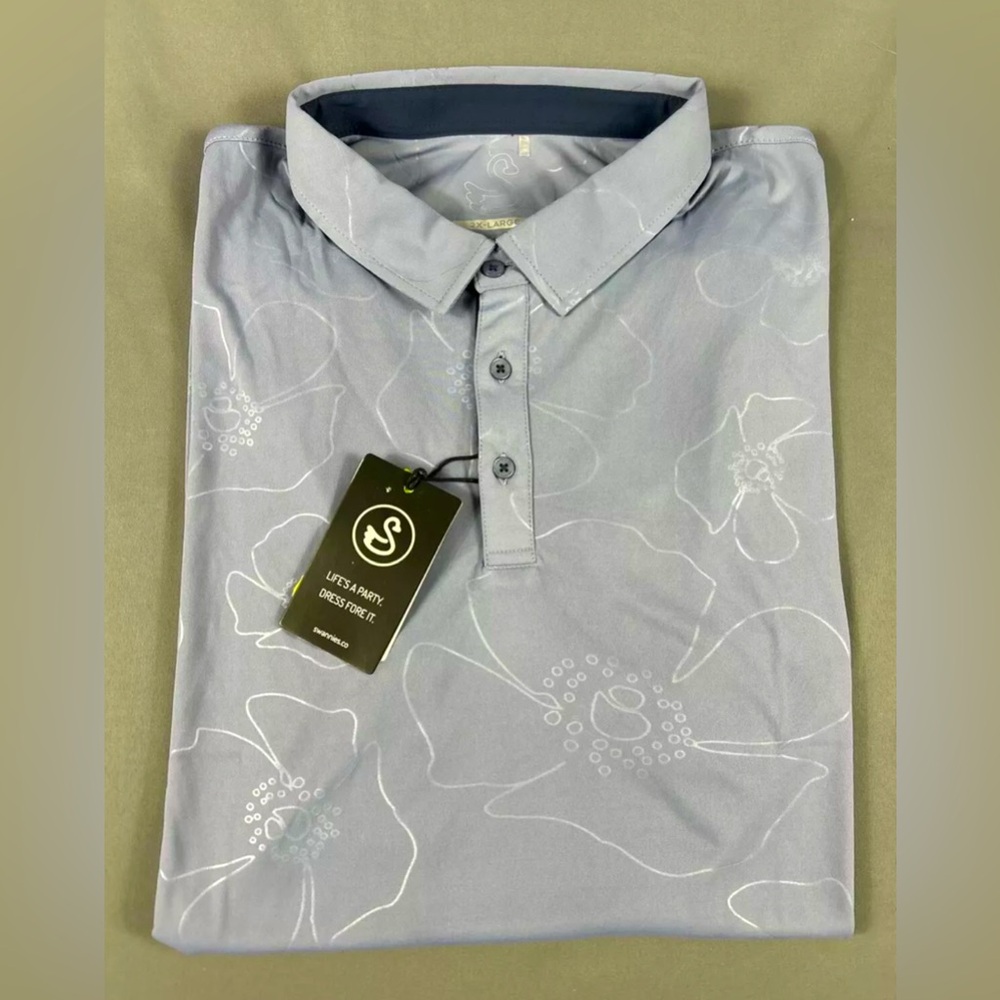 Swannies Golf Shirt Polo Anderson Floral Print XXL Blue Gray Polyester Spandex